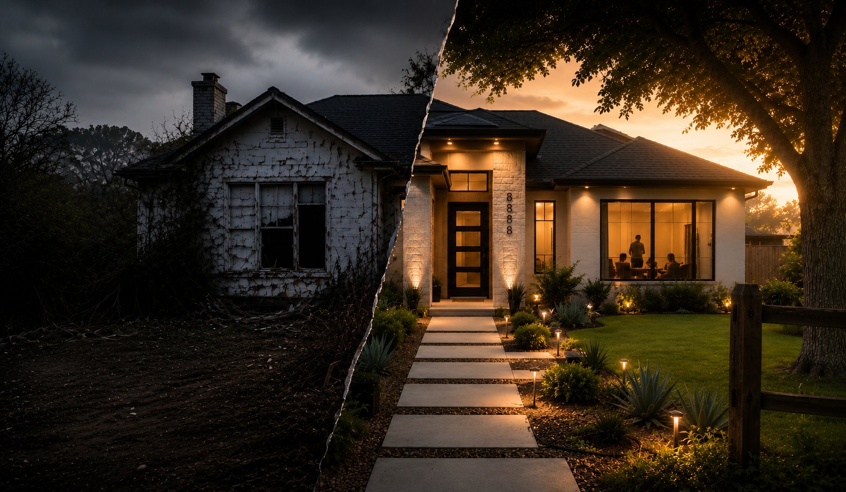 A Katy home shown before and after — weathered on the left, restored and glowing at dusk on the right