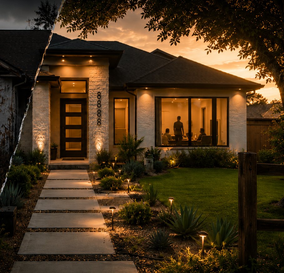 A beautifully finished home exterior at golden hour