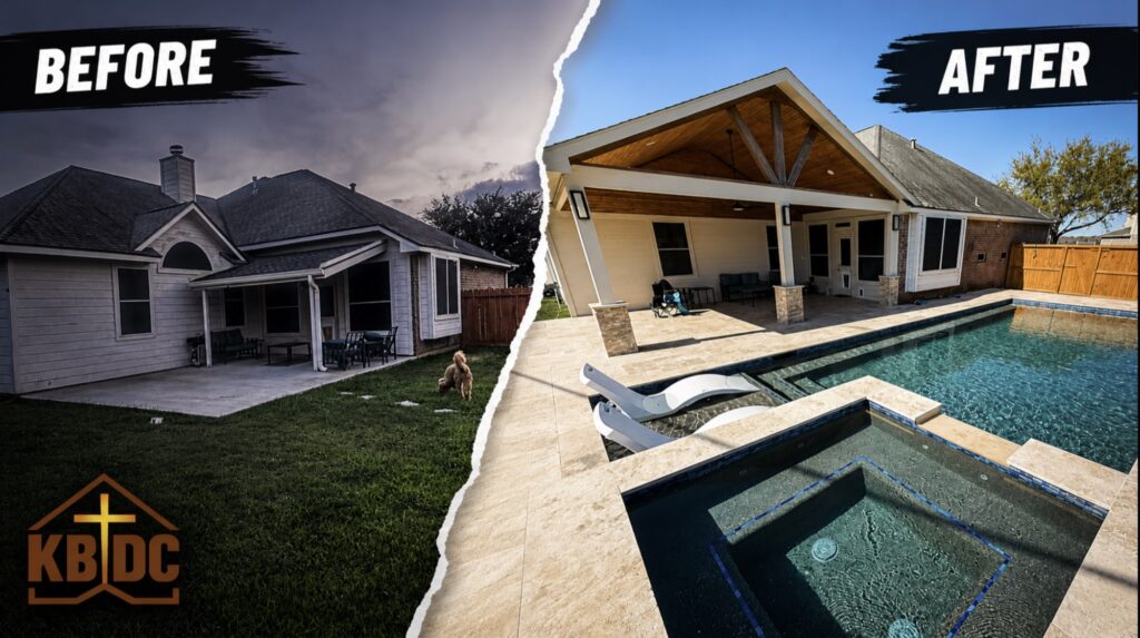 Covered patio, pool and spa — before-and-after backyard transformation by KBDC in Katy, Texas